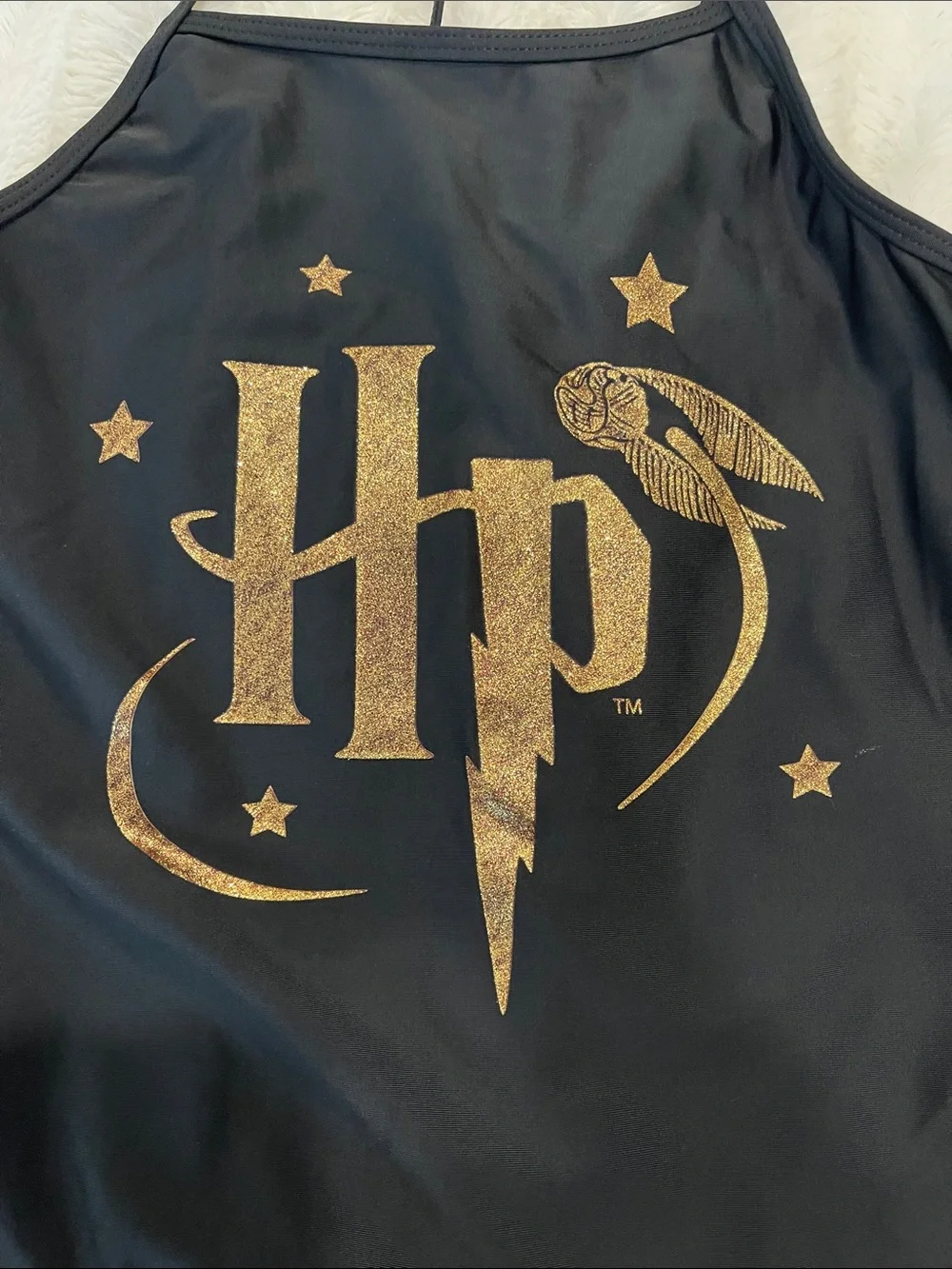 Black One-Piece Swimsuit with Gold HP (Harry Potter) Emblem